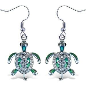 Sparkling Green Sea Turtle Drop Earrings Silver Tone Cute Ocean Animal Jewelry